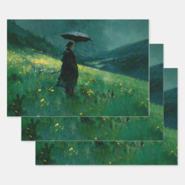 Woman with Umbrella in Green Meadow ラッピングペーパーシート