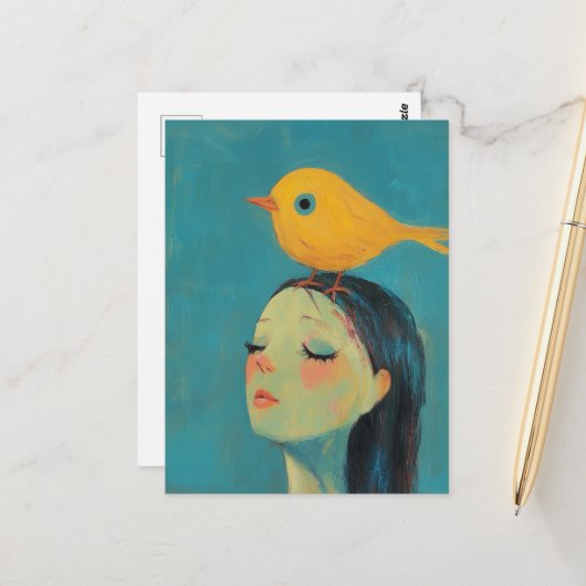 Woman with yellow bird on her head ポストカード (正面/裏面インサイチュ)