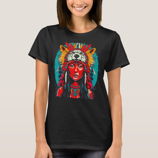 Woman Wolf Head Native American Indigenous Tシャツ (正面)