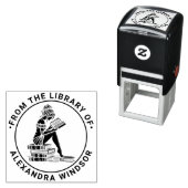 Woman's 読 Perched on Book Stack Library Na セルフインキングスタンプ (インサイチュ)