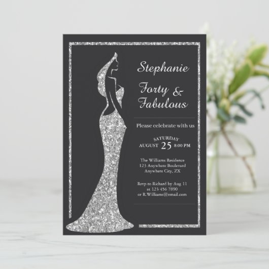 Woman's 40th Modern Silver Cocktail Dress Birthday 招待状 (スタンド正面)