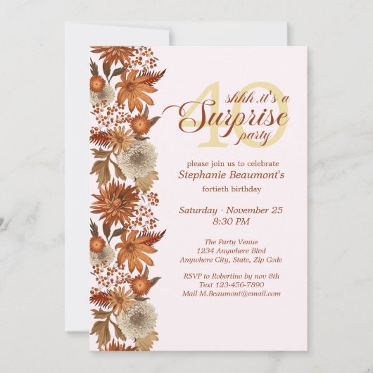 Woman's Autumn Flower Surprise 40th Birthday 招待状 (正面)