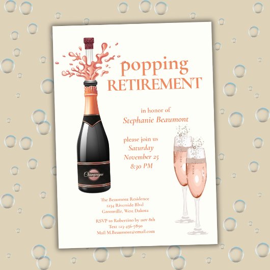 Woman's Elegant Popping Champagne Retirement 招待状
