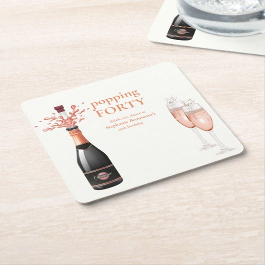 Woman's Funny Popping Champagne 40th Birthday スクエアペーパーコースター (アングル)