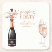 Woman's Funny Popping Champagne 40th Birthday スクエアペーパーコースター (正面)