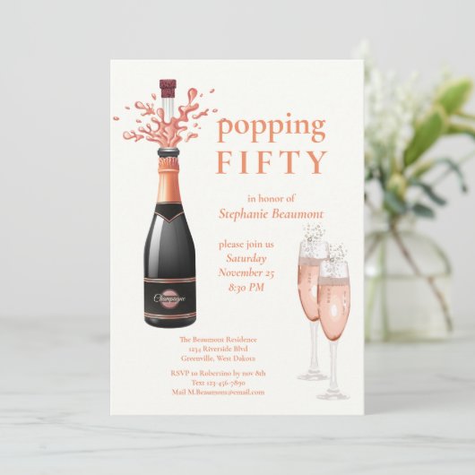Woman's Funny Popping Champagne 50th Birthday 招待状 (スタンド正面)