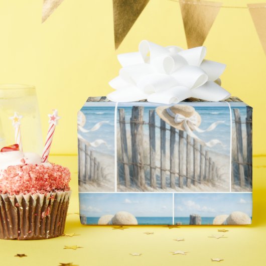 Woman's Summer Straw Hat In Ocean Breeze ラッピングペーパー (誕生日パーティー)