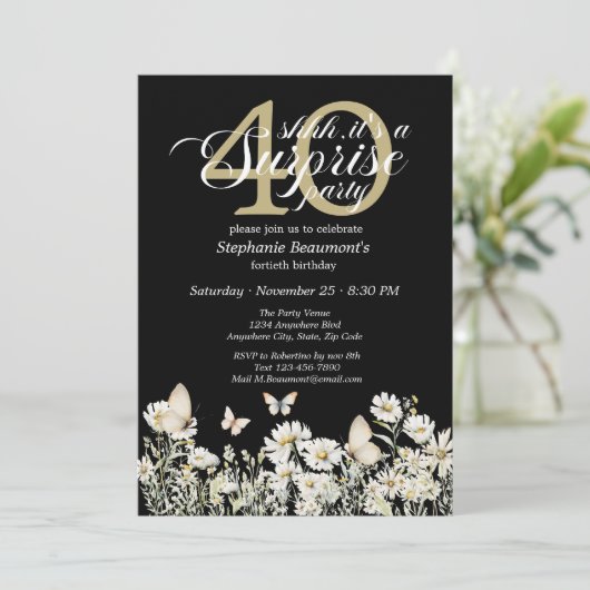 Woman's White Wildflower Surprise 40th Birthday 招待状 (スタンド正面)
