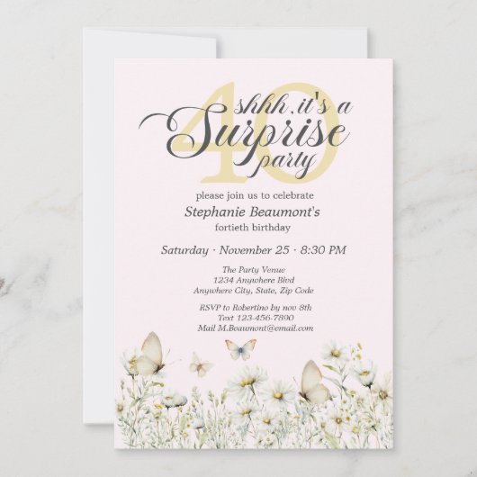 Woman's White Wildflower Surprise 40th Birthday 招待状 (正面)