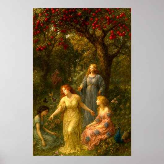 Women, Butterflies & Peacock In Garden ポスター (正面)