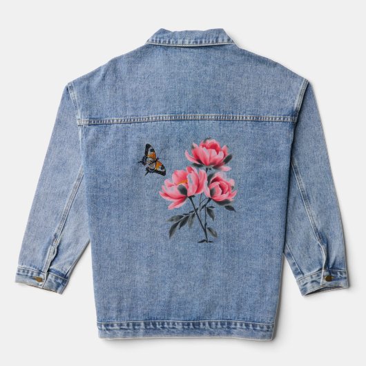 Women Denim, Jean Jacket – ピンク牡丹，蝶 デニムジャケット (裏面)