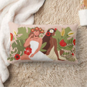 Women Friends Sisters, Red Flowers & Tropical Leaf ランバークッション (ブランケット)