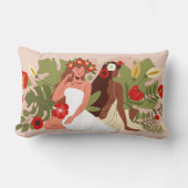 Women Friends Sisters, Red Flowers & Tropical Leaf ランバークッション (正面)