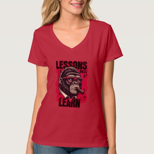 Women Gorilla Boss Lessons Learn V Neck T Shirt  Tシャツ (正面)