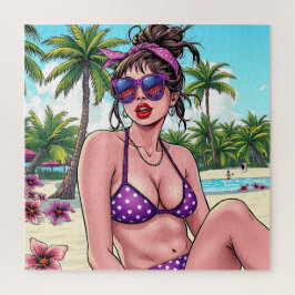 Women in Purple Bikini and Bandanna atビーチ ジグソーパズル