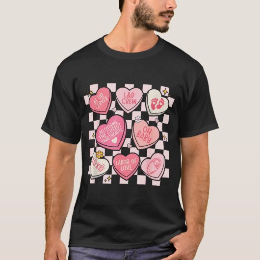 Women Labor And Delivery Nurse Hearts Candy Valent Tシャツ (正面)