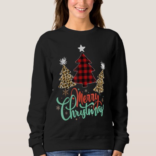 Women Leopard Plaid Christmas Tree Merry Christmas スウェットシャツ (正面)