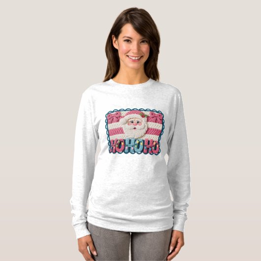 Women’s Ho Ho Ho Santa – Faux Embroidery Tシャツ (正面フル)
