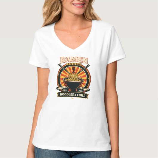 Women’s White V-Neck T-Shirt with Ramen Addict  Tシャツ (正面)