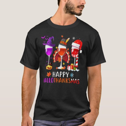 Women Wine Glass Thankgiving  Wine Happy Hallothan Tシャツ (正面)