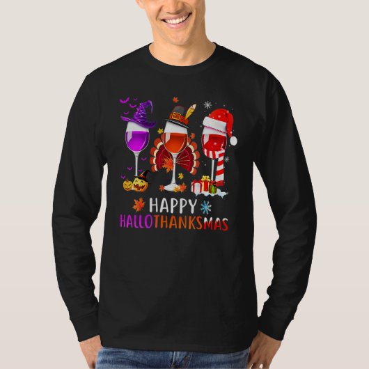 Women Wine Glass Thankgiving  Wine Happy Hallothan Tシャツ (正面)