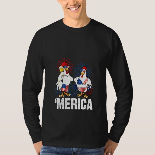 Womens 4th Of July Funny Chicken Beer Drinking Ame Tシャツ (正面)