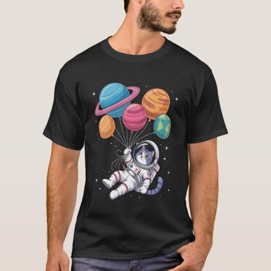 Womens Astronaut Cat Holding Planet Balloons Outer Tシャツ (正面)
