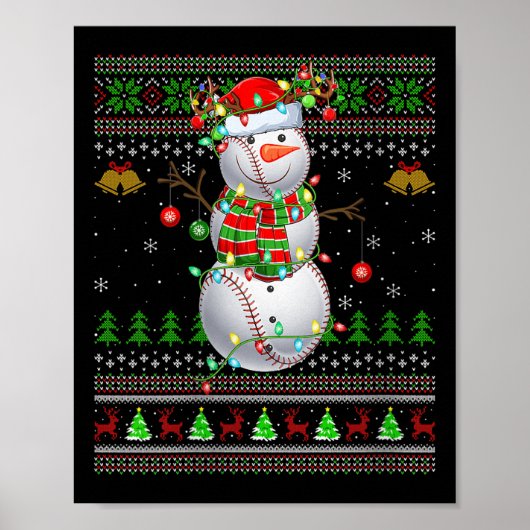 Womens Baseball Snowman Ugly Christmas Sweaters Sr ポスター (正面)