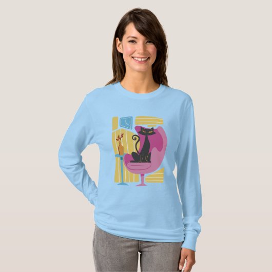 Women's Black Cat Abstract Long Sleeve  Tシャツ (正面フル)