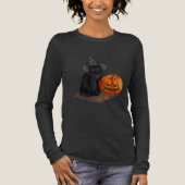Women's Black Cat Halloween Long-sleeved Tshirt  トライブレンドＴシャツ (正面)