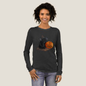 Women's Black Cat Halloween Long-sleeved Tshirt  トライブレンドＴシャツ (正面全体)