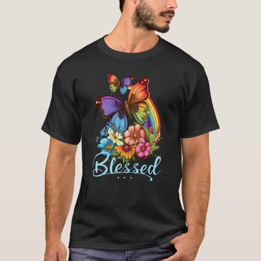 Womens Blessed Christian Butterfly Pretty Floral R Tシャツ (正面)