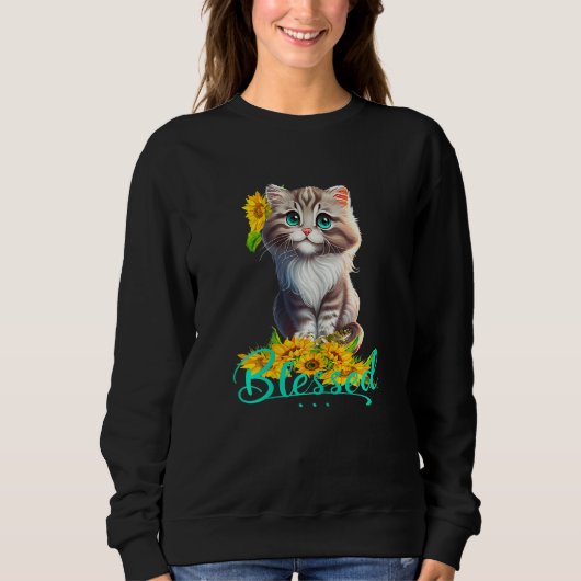 Womens Blessed Cute Tabby Kitty With Sunflowers Ch スウェットシャツ (正面)