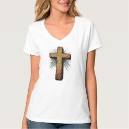 Women's Bold Christian Cross V-Neck Tee Tシャツ