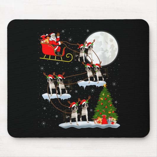 Womens Boston Terrier Dog Santa Sleigh Flying Funn マウスパッド (正面)
