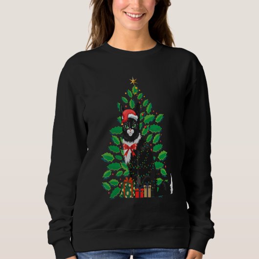 Women's Christmas Black cat Xmas Tree Graphics 1 スウェットシャツ (正面)