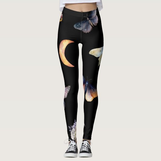 Women's Crystals & Moths Black Fashion Leggings レギンス (正面)