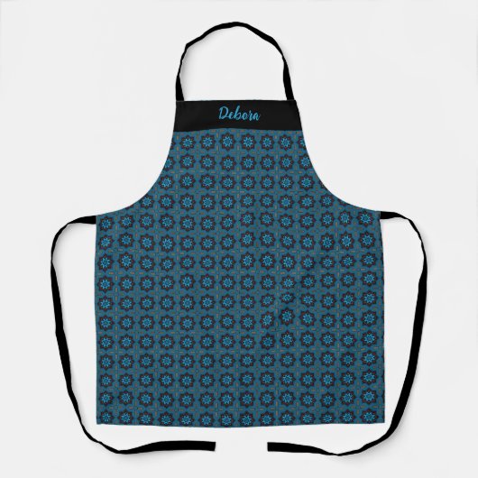 Women's Custom Name Blue Geometric Pattern Apron エプロン (正面)
