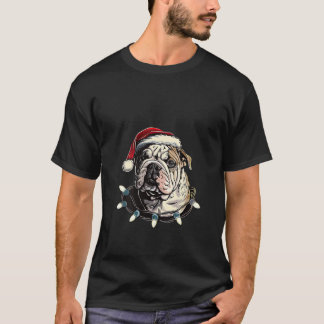 Womens Cute Bulldog Santa Hat Xmas Lights Funny Ch Tシャツ