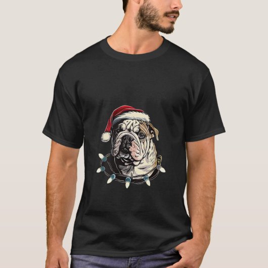 Womens Cute Bulldog Santa Hat Xmas Lights Funny Ch Tシャツ (正面)