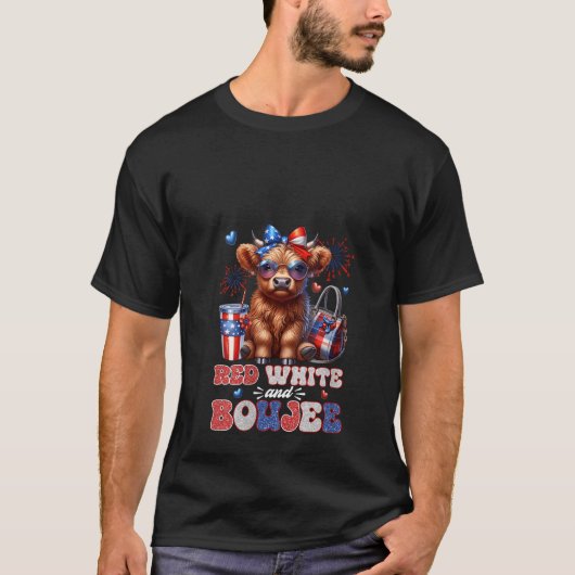 Womens Cute Red White And Boujee Highland Cow 4th  Tシャツ (正面)