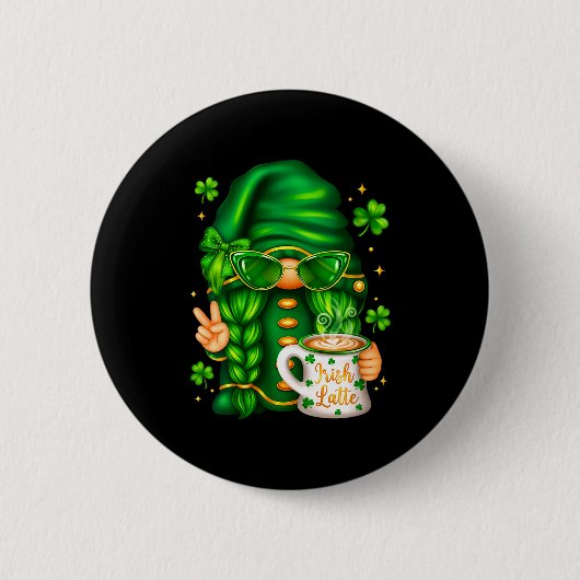 Women's cute st patricks day gnome drinking coffee 缶バッジ (正面)