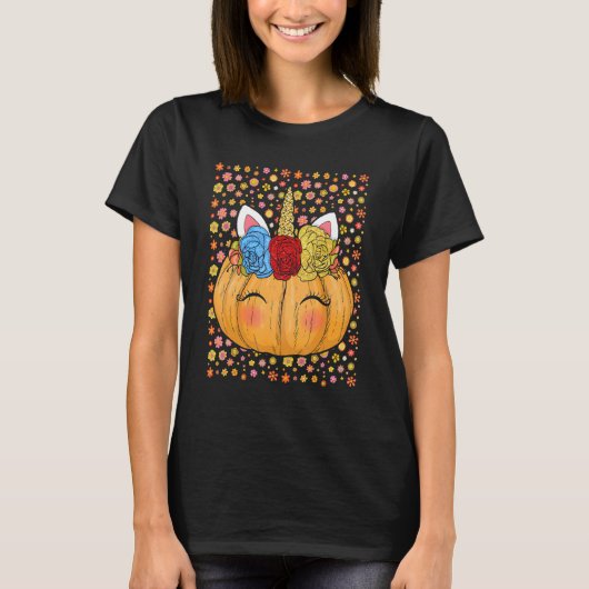 Womens Cute Unicorn Pumpkin Halloween Thanksgiving Tシャツ (正面)