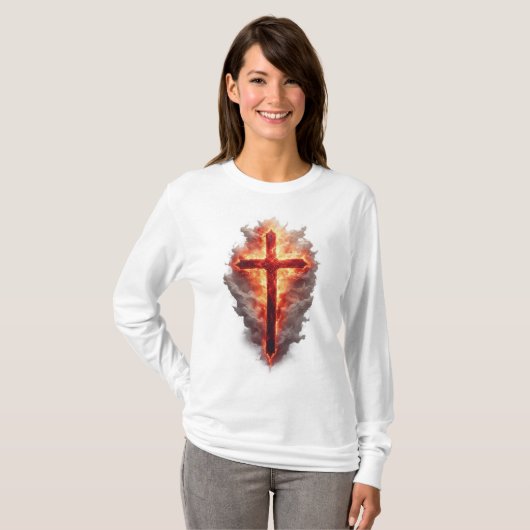 Women's Flaming Christian Cross Long Sleeve Tee Tシャツ (正面フル)