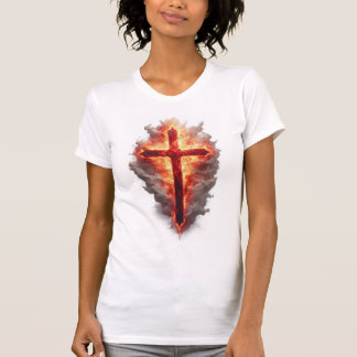 Women's Flaming Christian Cross Tee Shirt Tシャツ