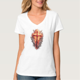 Women's Flaming Christian Cross V-Neck Tee Tシャツ