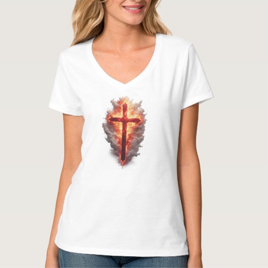 Women's Flaming Christian Cross V-Neck Tee Tシャツ (正面)