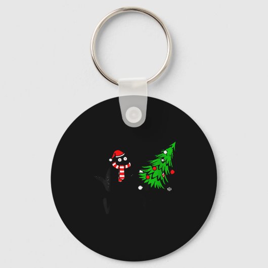 Womens Funny Black Cat Gift Pushing Christmas Tree キーホルダー (正面)