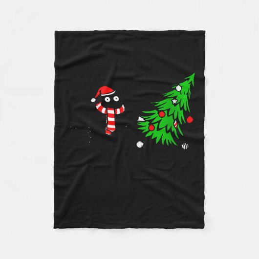 Womens Funny Black Cat Gift Pushing Christmas Tree フリースブランケット (正面)