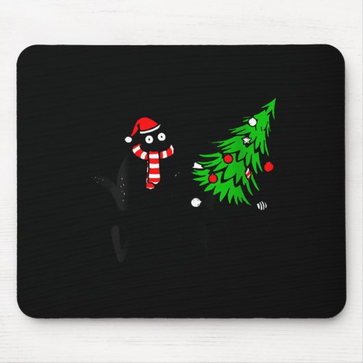 Womens Funny Black Cat Gift Pushing Christmas Tree マウスパッド (正面)